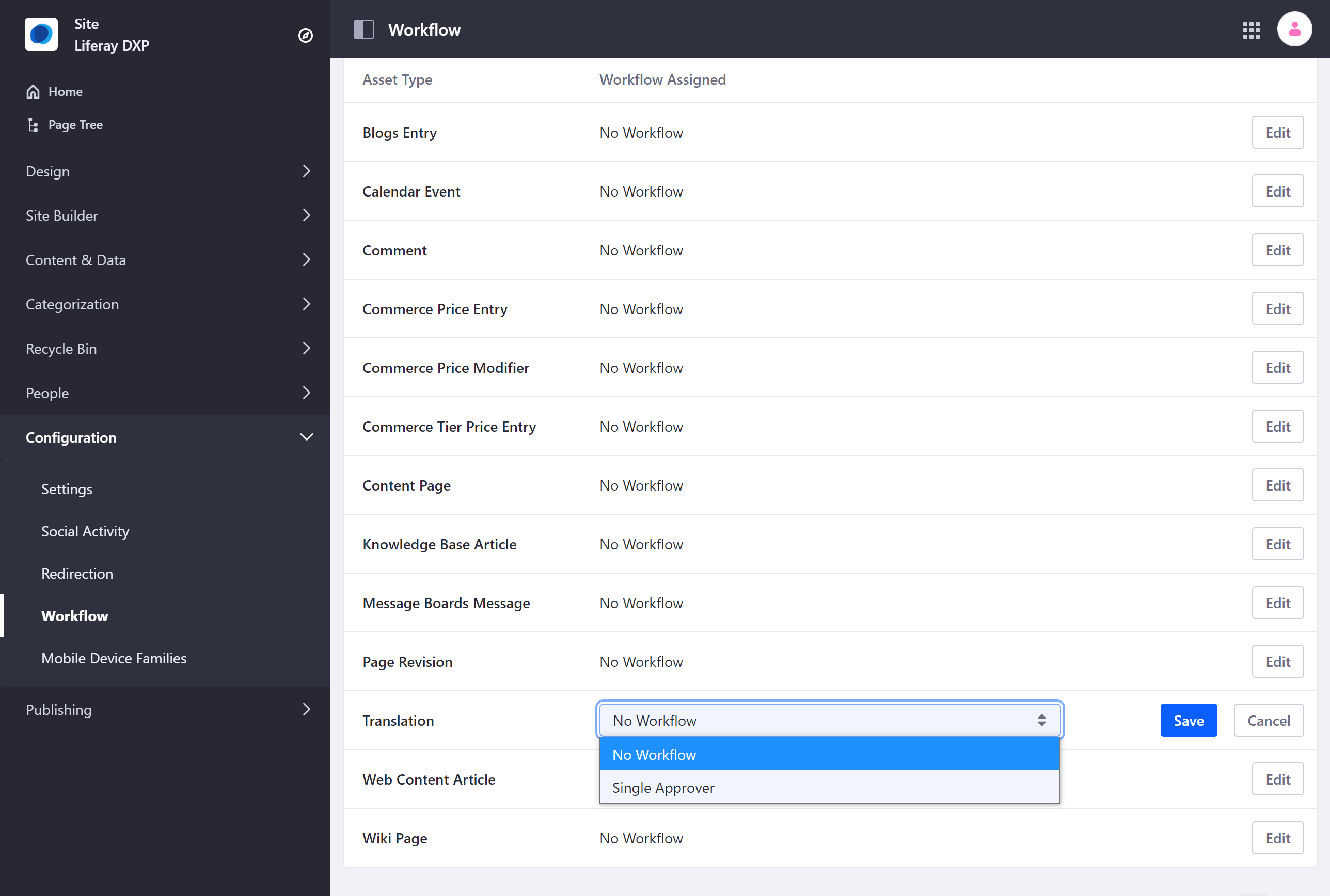 Click on the workflow drop down menu for Translation, and select the desired workflow.