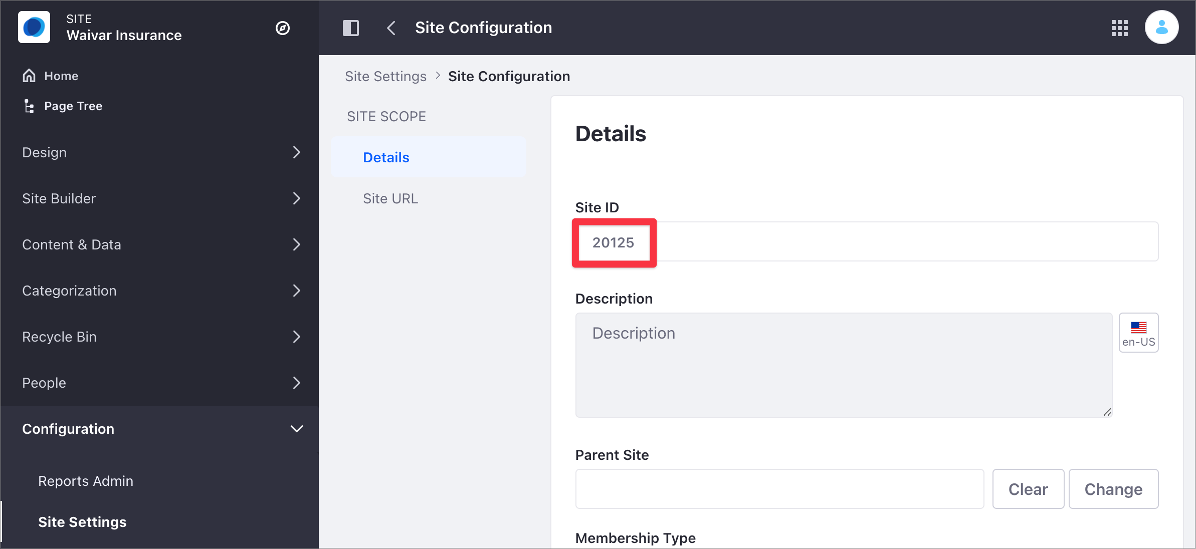 ［サイト設定］と［Site Configuration］オプションでサイトIDを特定します。