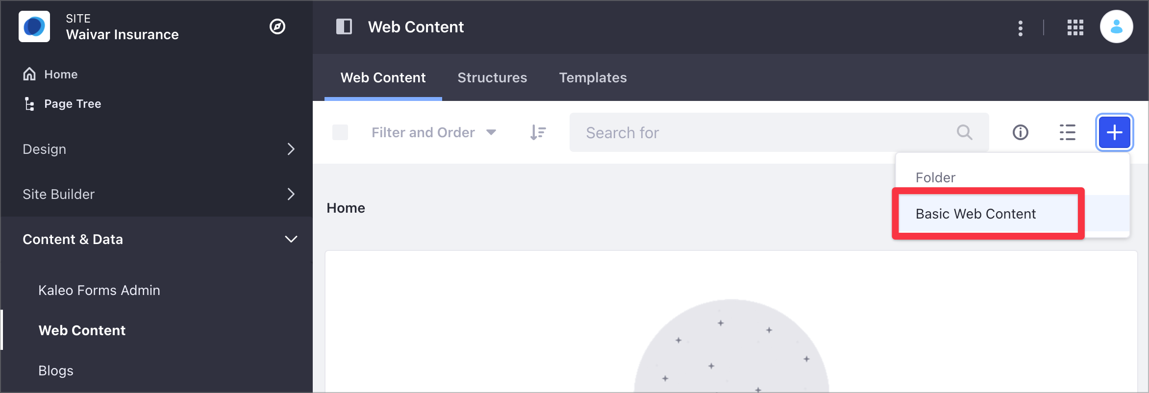 Create a Basic Web Content Article from the Web Content Panel.