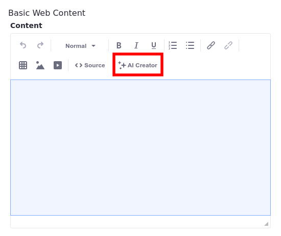 After enabling the feature flag, you can see the AI Creator button in the Web Content editor.