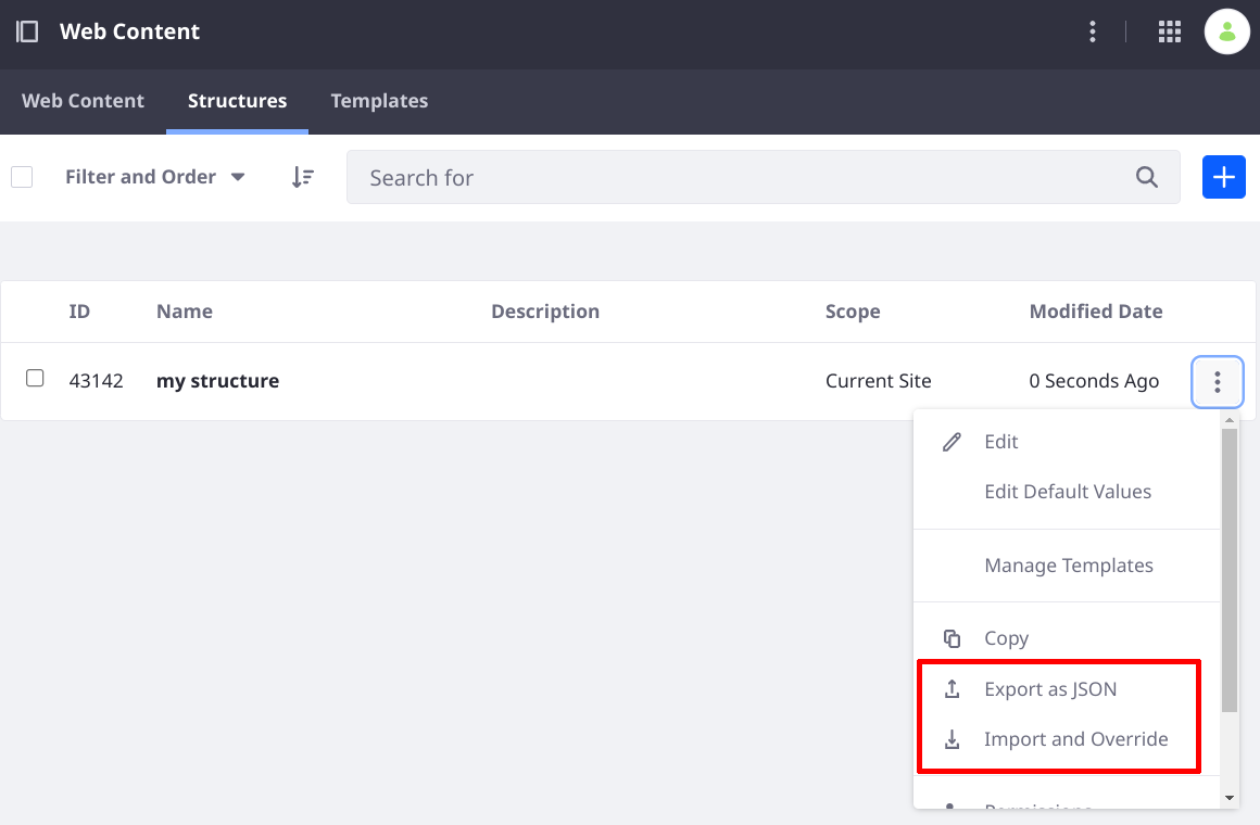 Export and import the JSON of a web content structure.