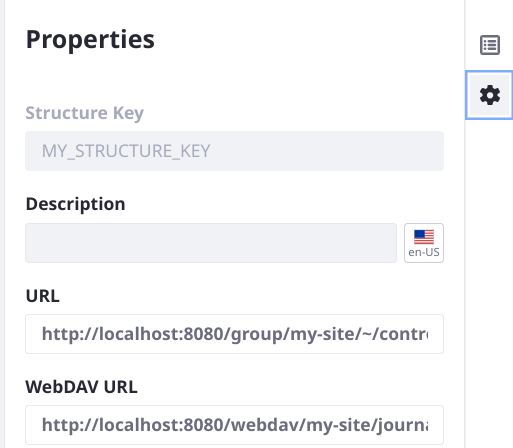 The Properties tab shows the structure key, whether it's a custom key or autogenerated by Liferay.