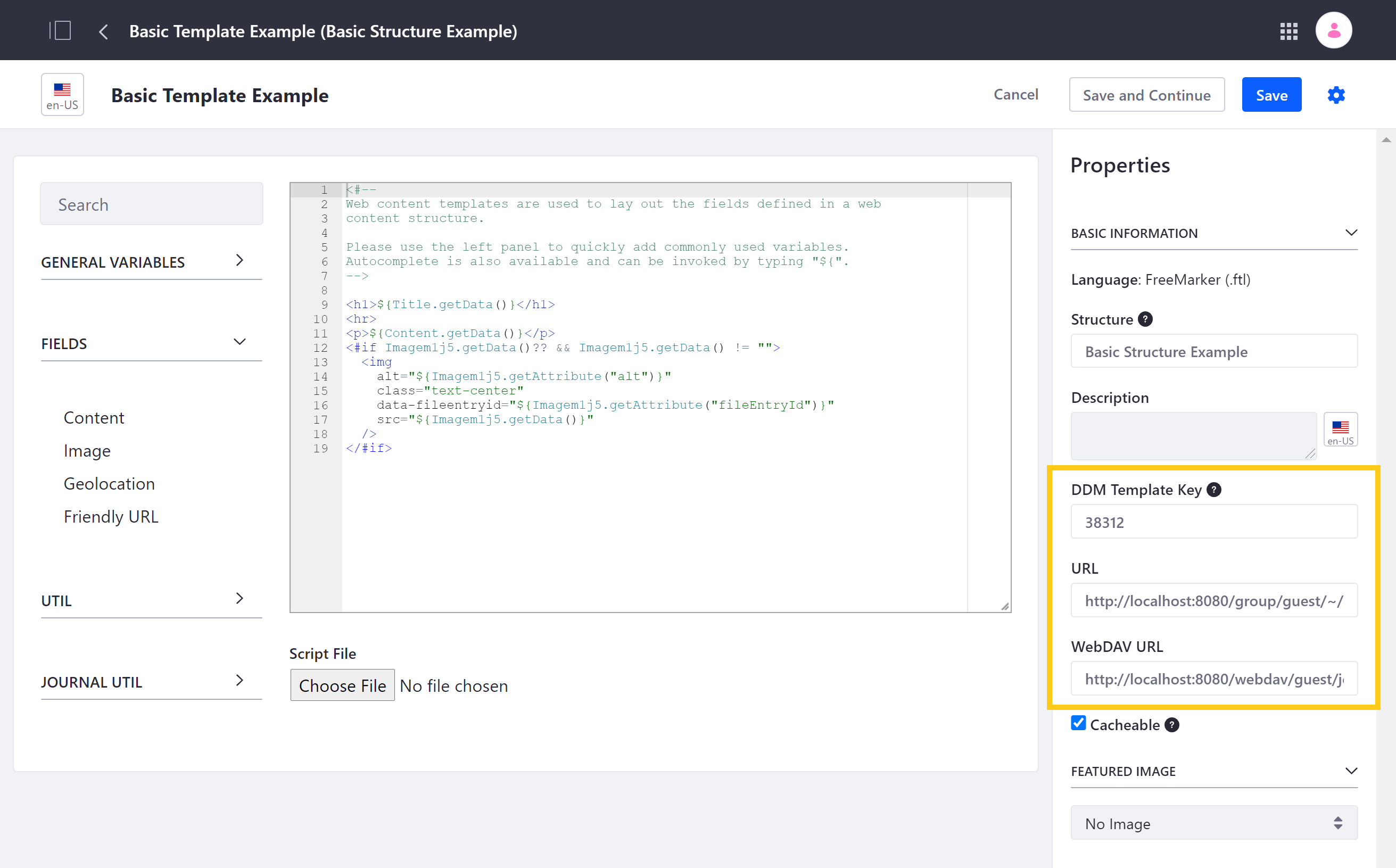 DXP automatically generates a DDM Template Key, URL, and WebDAV URL for your Template.