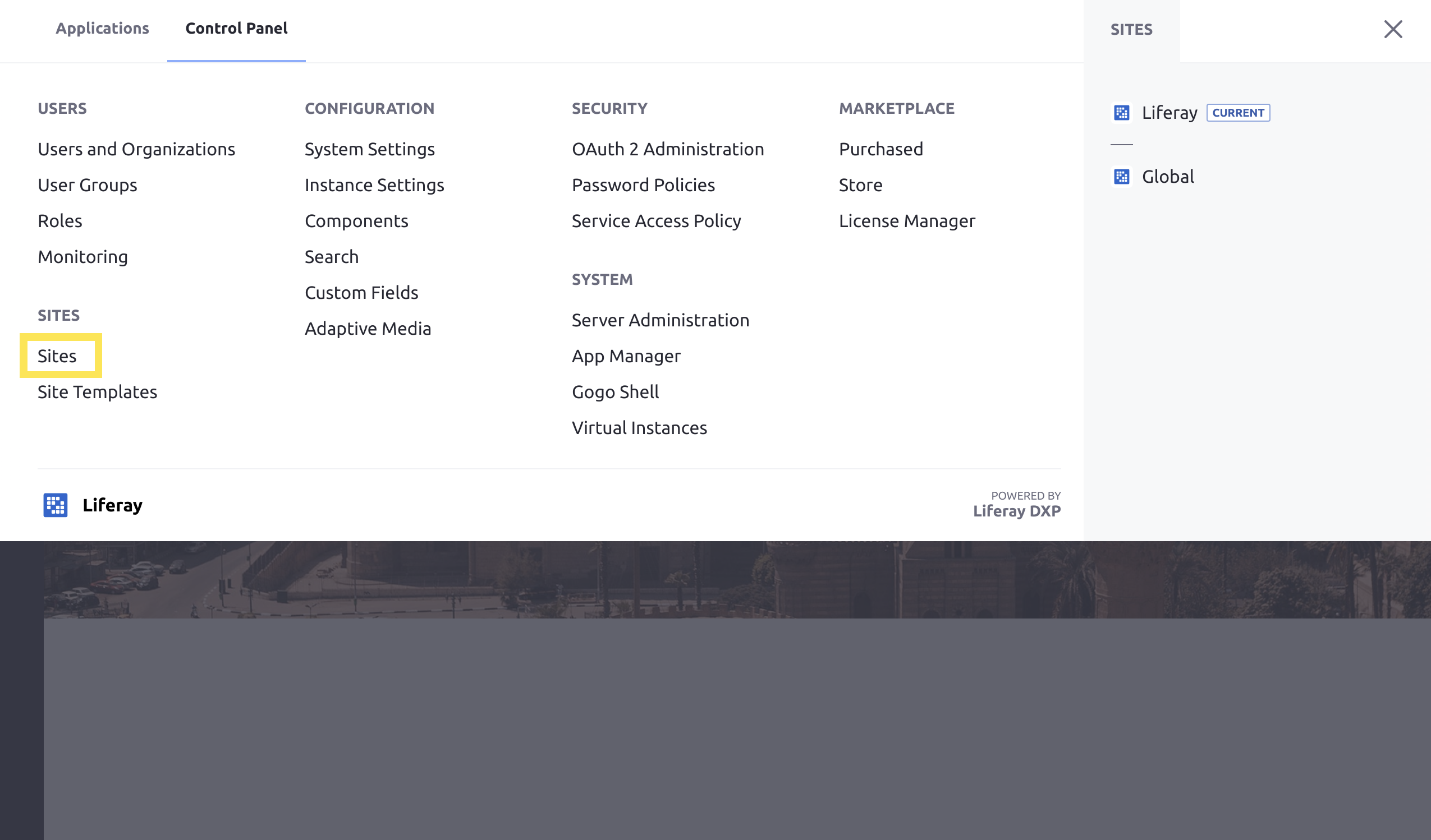 Select Sites from the Control Panel.