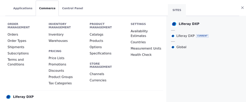 The Commerce Menu contains all store functions.