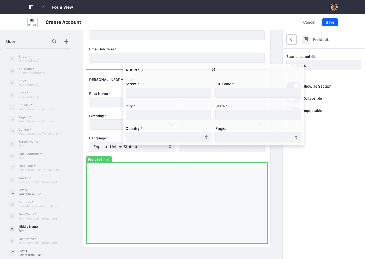 Fieldsets group fields so they can be shared across forms.