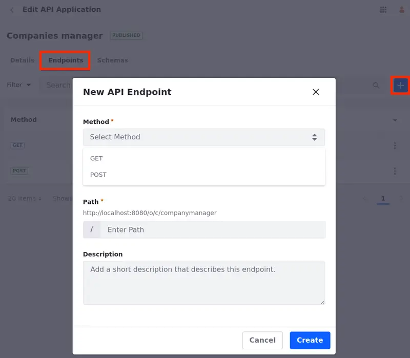 Create an endpoint with a GET or POST method from the Endpoints tab.