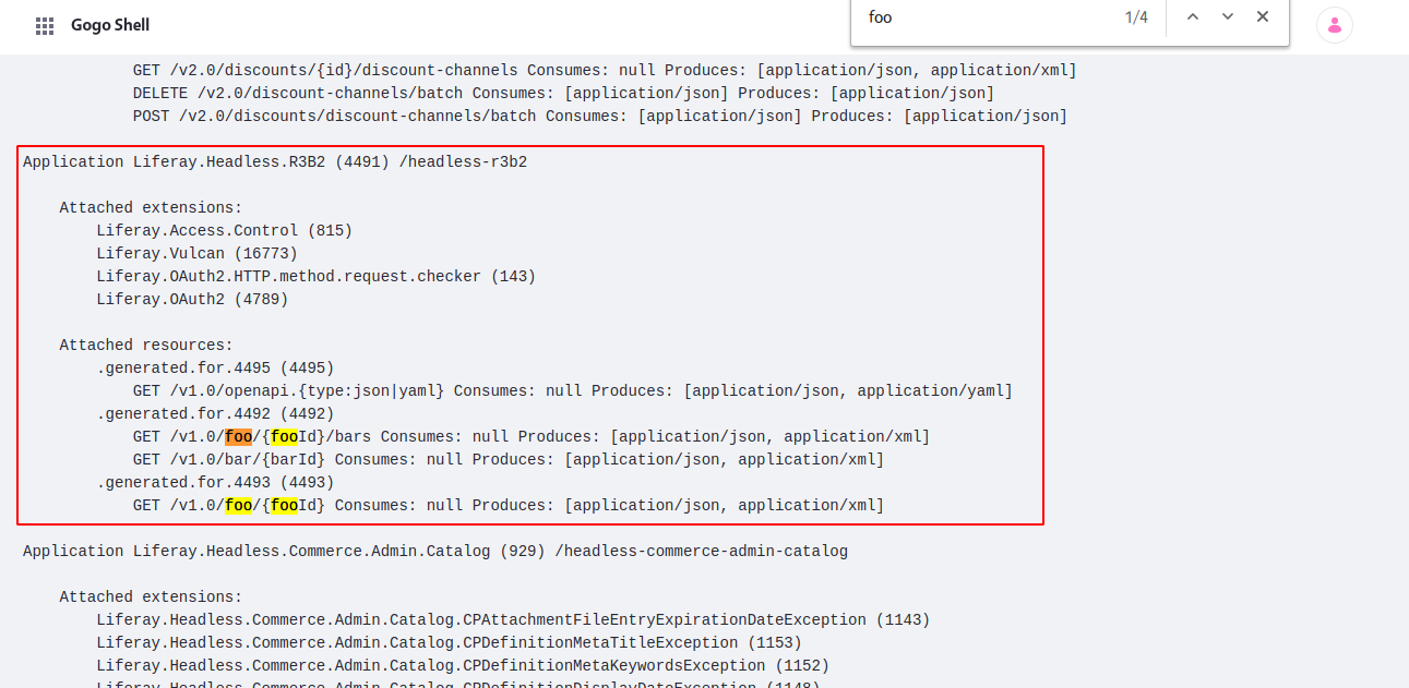 新しくデプロイされたAPI（Liferay.Headless.R3B2という名前）は、コマンドの結果として一覧表示され、使用できるようになります。