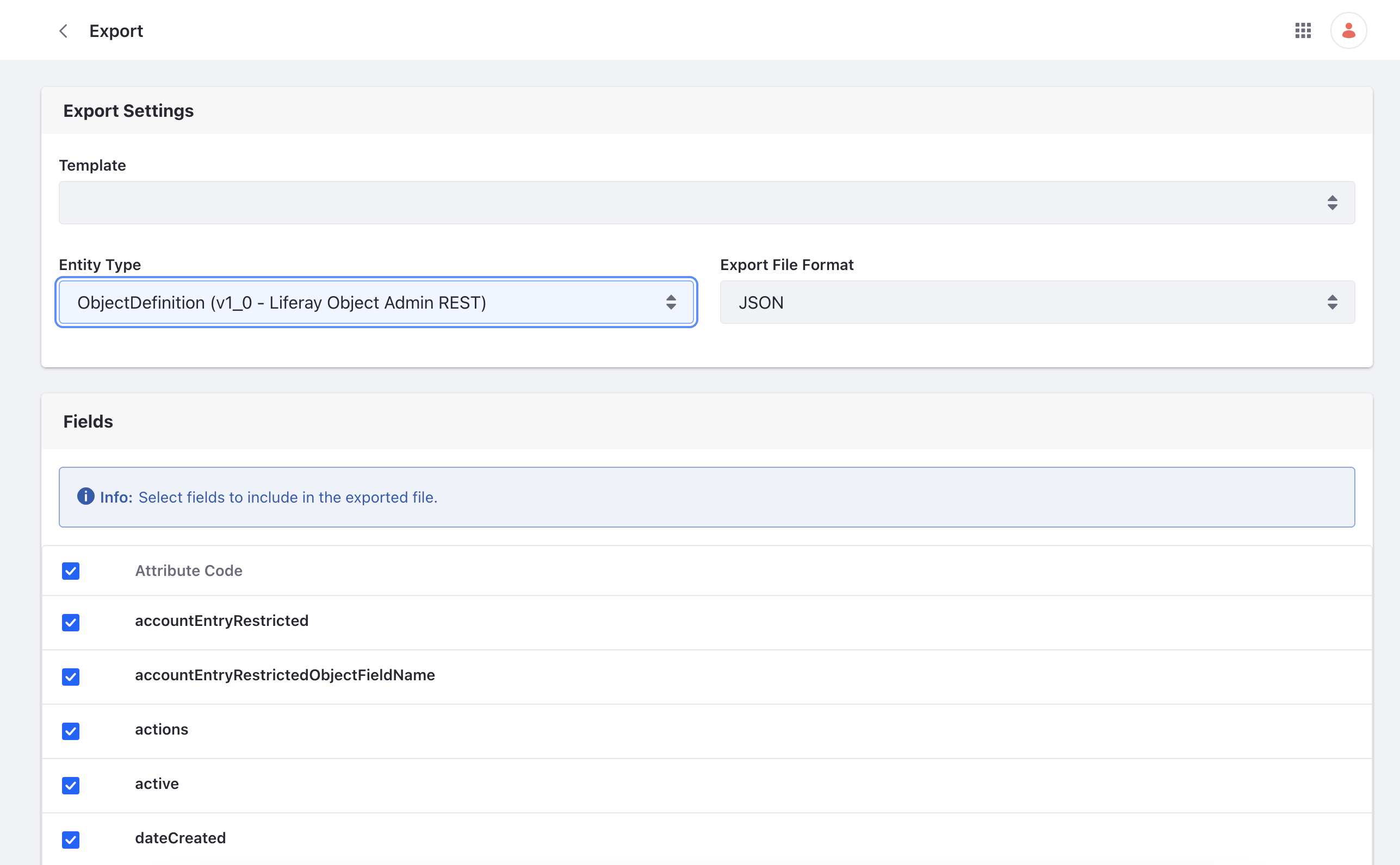 Select the object definition fields you wish to export.