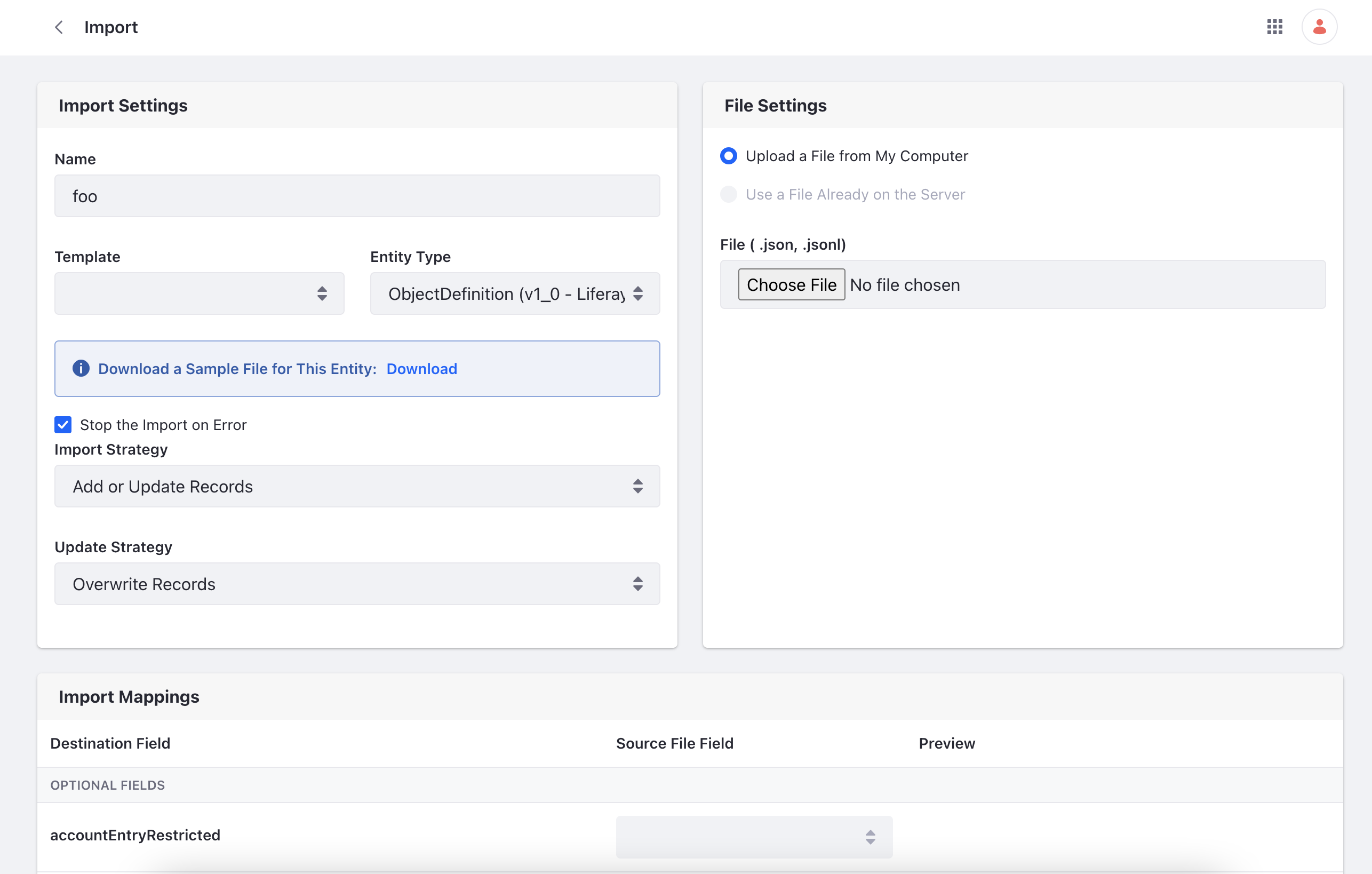 Select the JSON file that contains the object definitions to import.