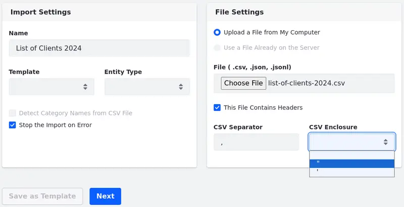 Define the CSV separator and enclosure when importing a CSV file.