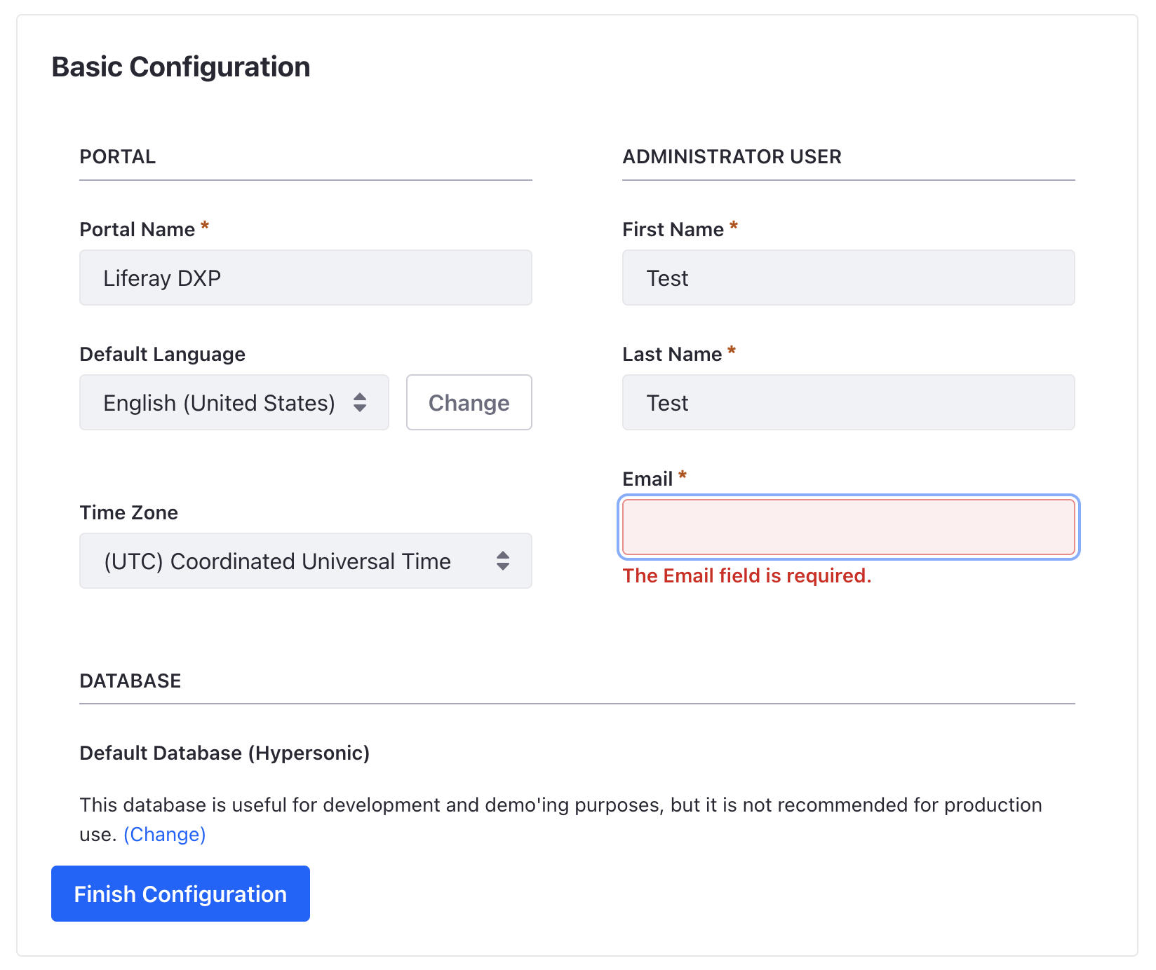 On completing startup, DXP launches a web browser that displays the Basic Configuration page.