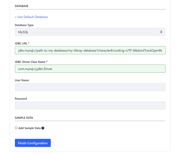 The Setup Wizard's database form lets you specify the database you created for DXP.