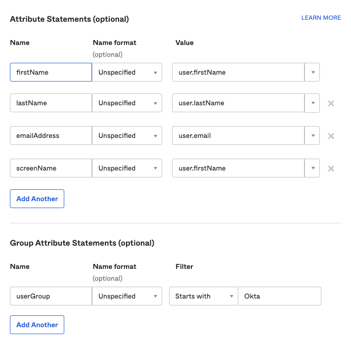 Create a mapping for the user and group attributes.