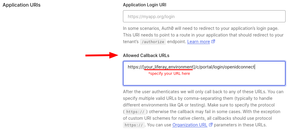 Set the Allowed Callback URLs field under Application URIs section