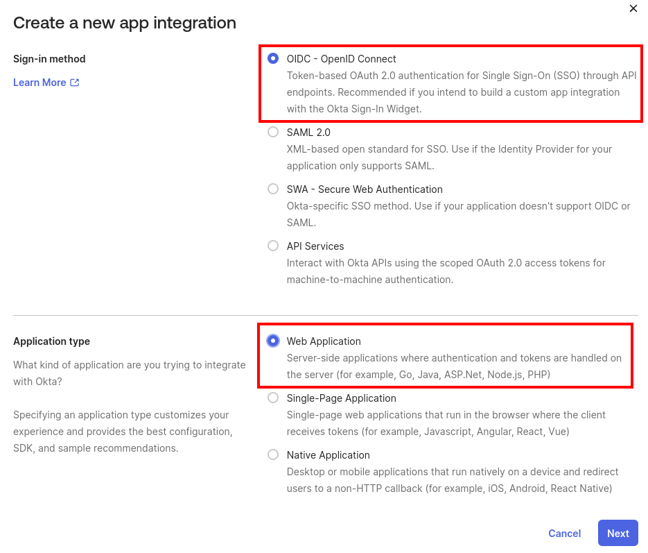 Create a new OIDC app integration