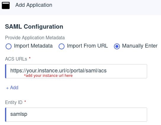 Enter your application metadata on SAML Configuration
