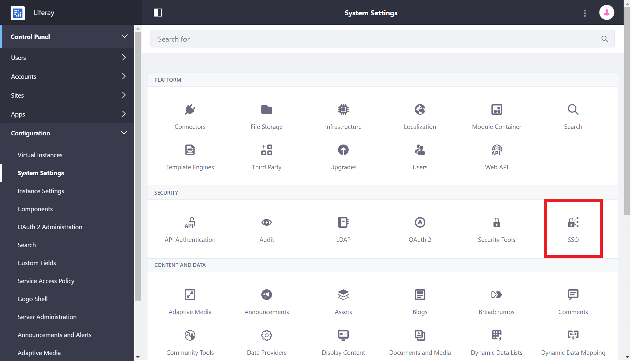 SSO configurations are located in the security section of System Settings.