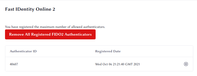 Your account settings lists the authenticators you have registered.