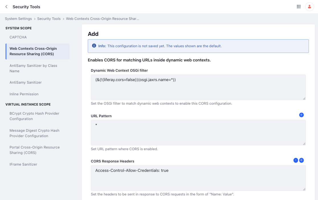 Figure 2: There's a separate system settings category for CORS web contexts.