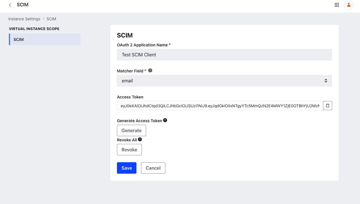 Enter a name and set the matcher field for the new SCIM client.