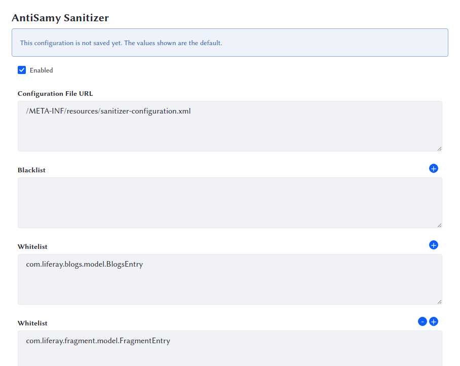 Liferay DXP's AntiSamy configuration options include both a blacklist and a whitelist.