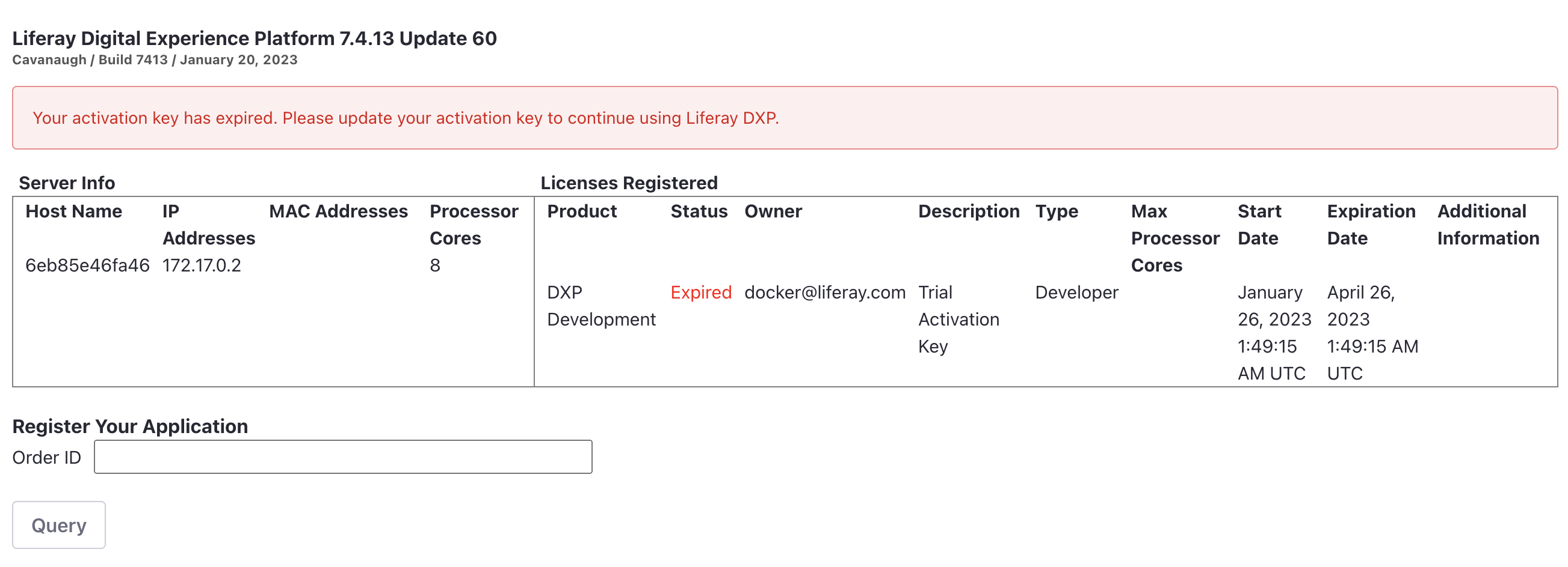 The license manager page displays server and license information.