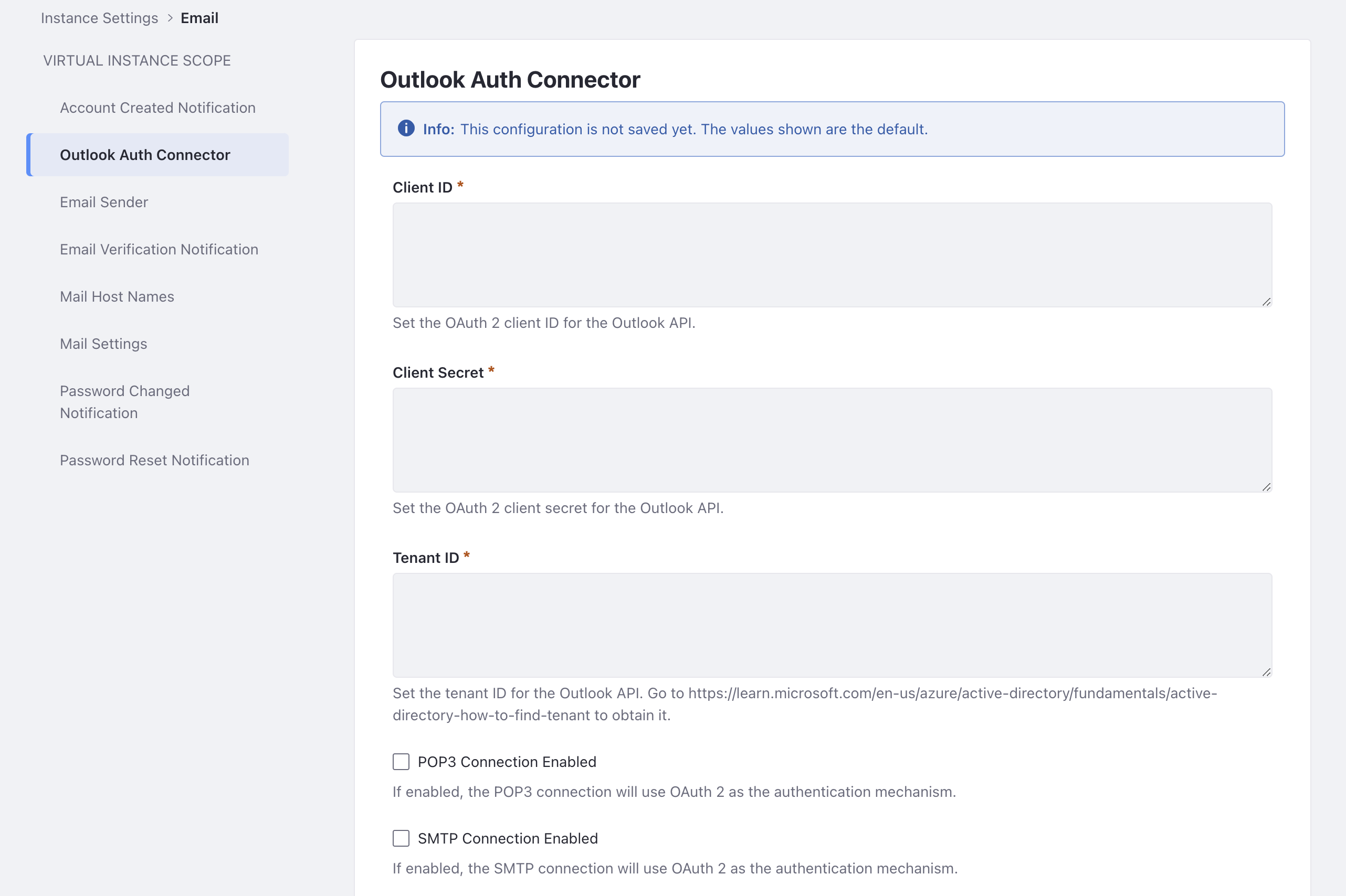 Paste in the tenant ID, client ID, and client secret values into each input box.