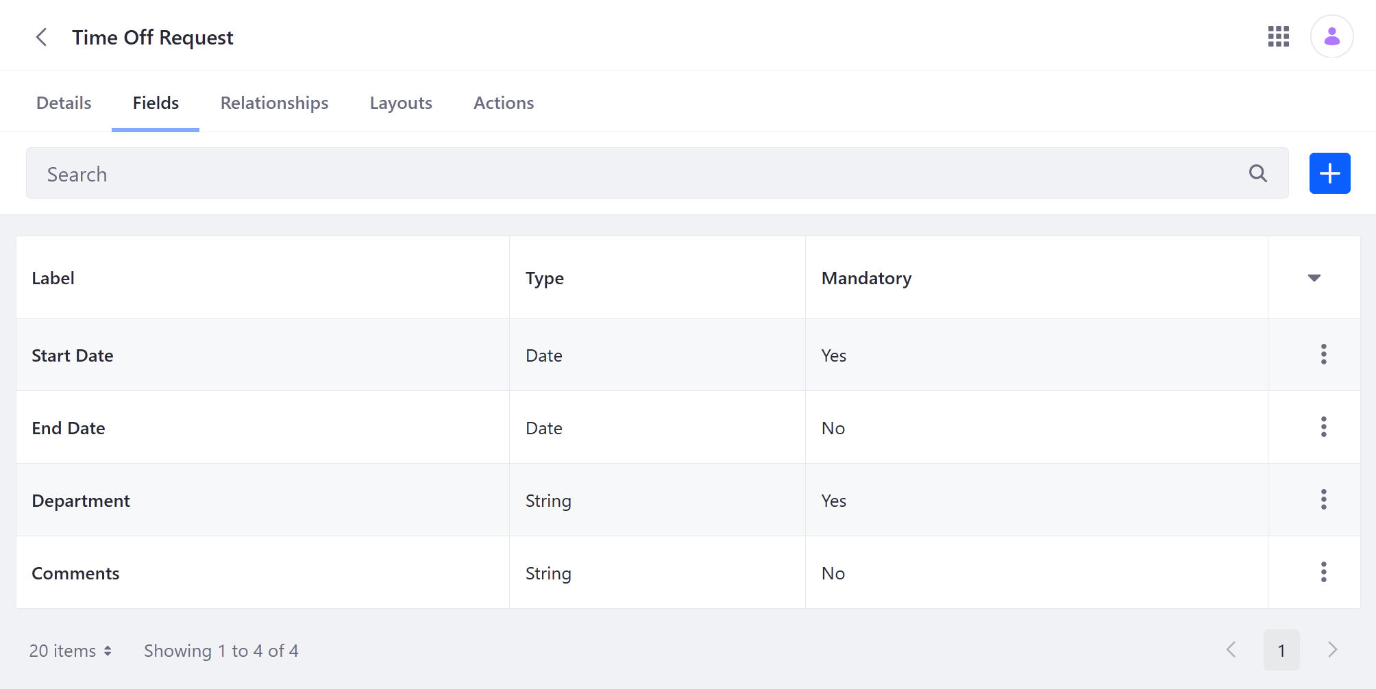 Add the Start Date, End Date, Department, and Comments fields to the Object.