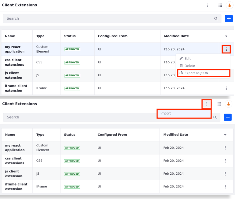 Export/Import frontend client extensions configured from the UI.