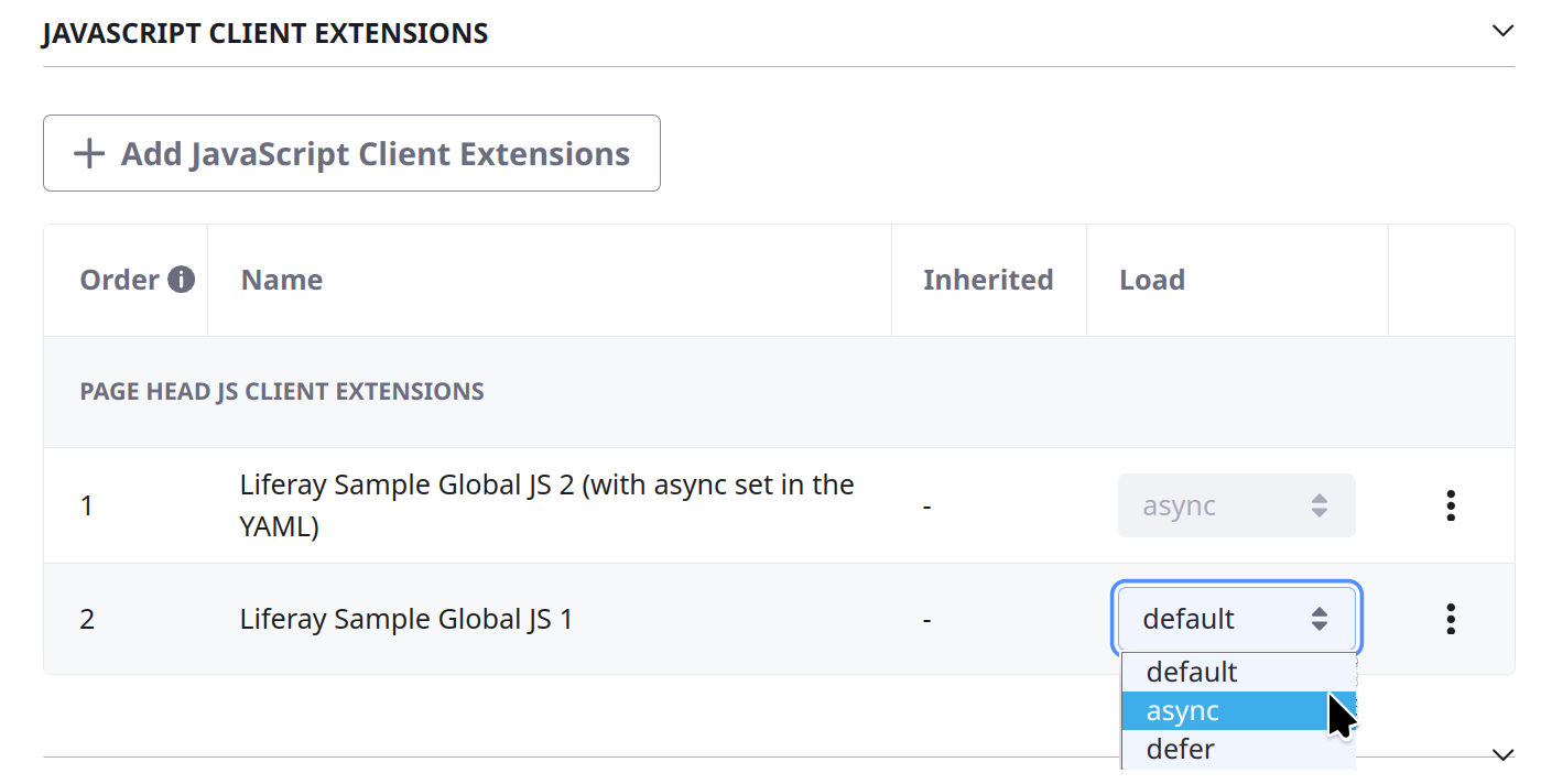 Add the JavaScript client extension. It appears in a list depending on whether you added it to the page head or page bottom.