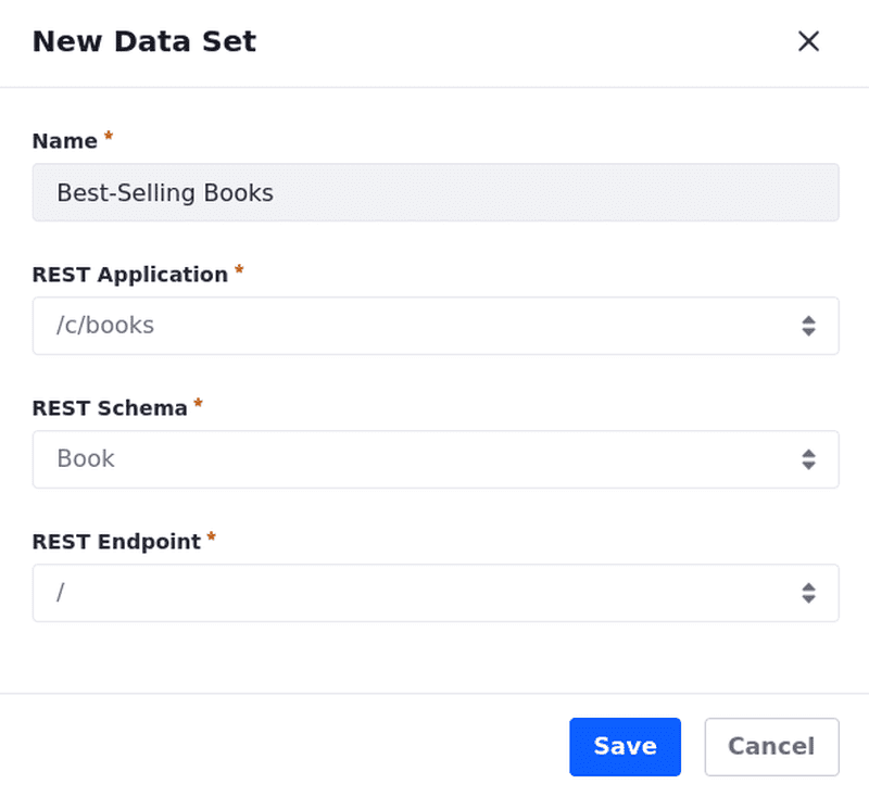 Choose a REST application, Schema, and Endpoint to create your data set.