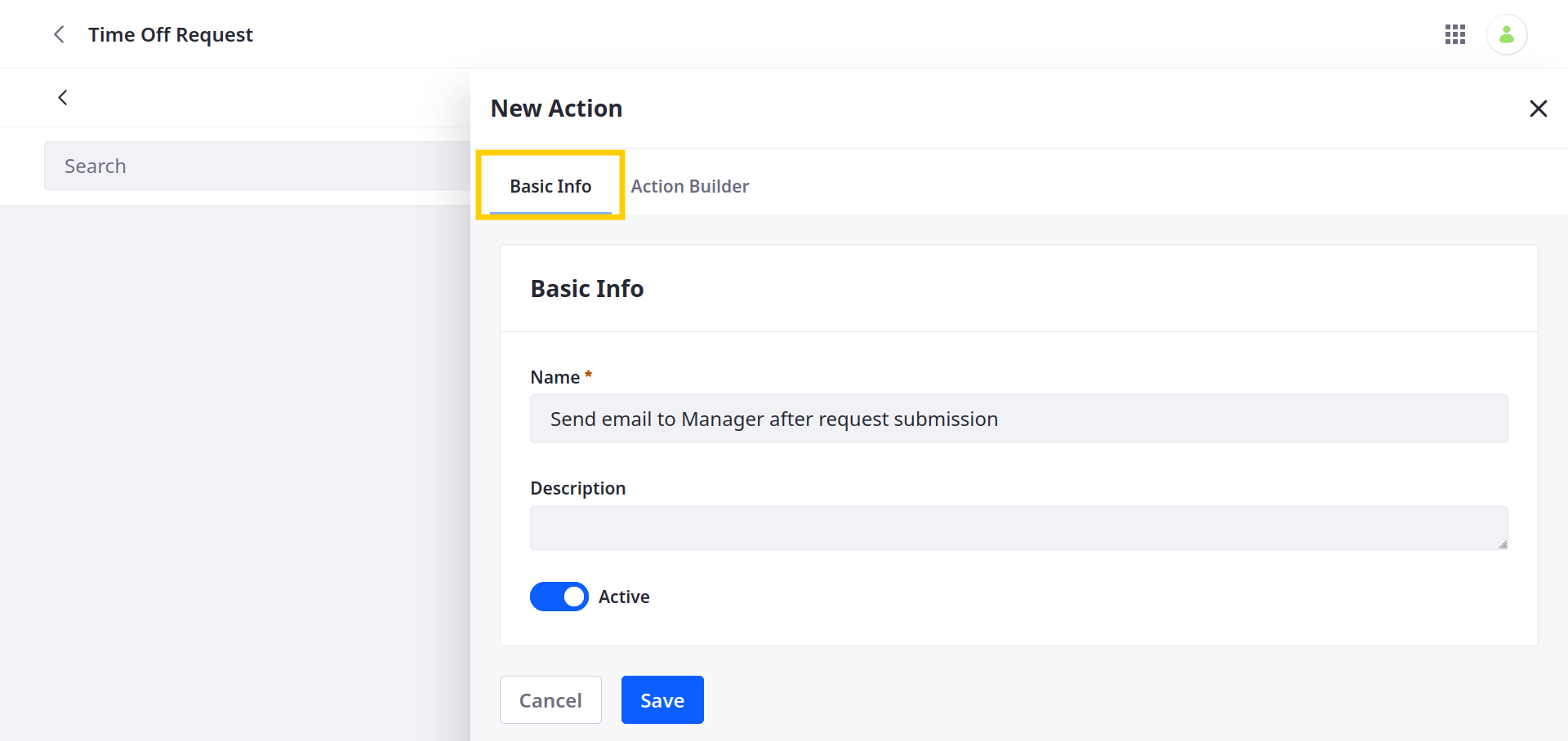 Enter an action name and description in the Basic Info tab.
