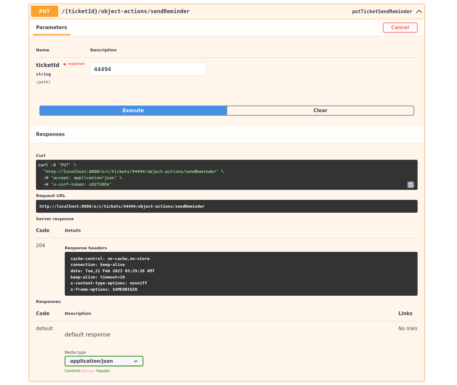 Calling the API triggers the action for the specified entry.