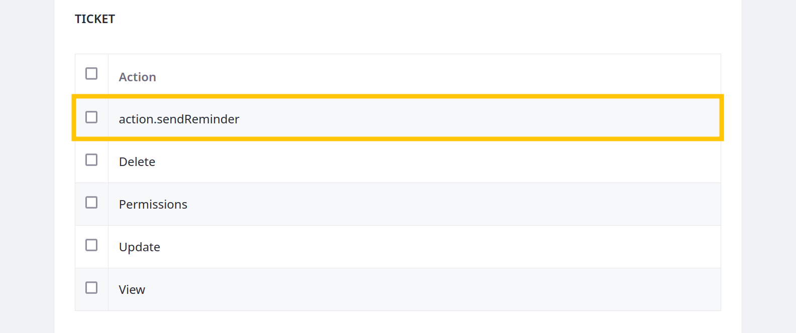 Standalone permissions use the action.actionName naming pattern.