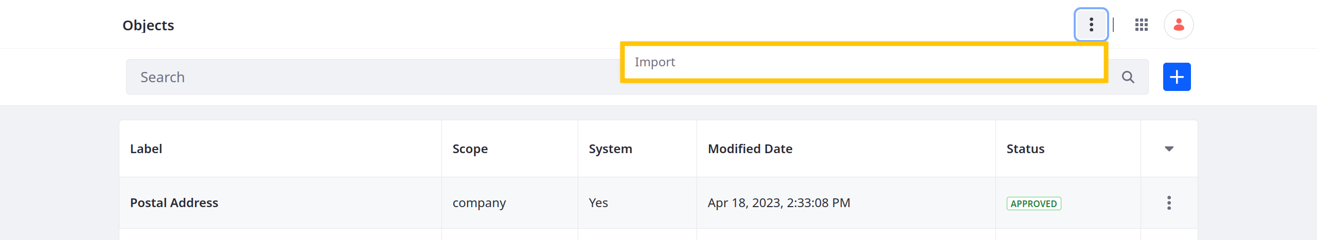Click the Actions button in the Application Bar and select Import Object.