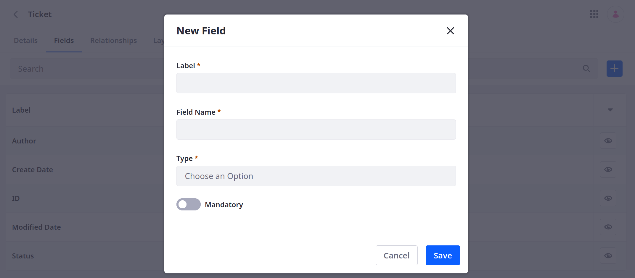 Begin adding a field to the object definition.