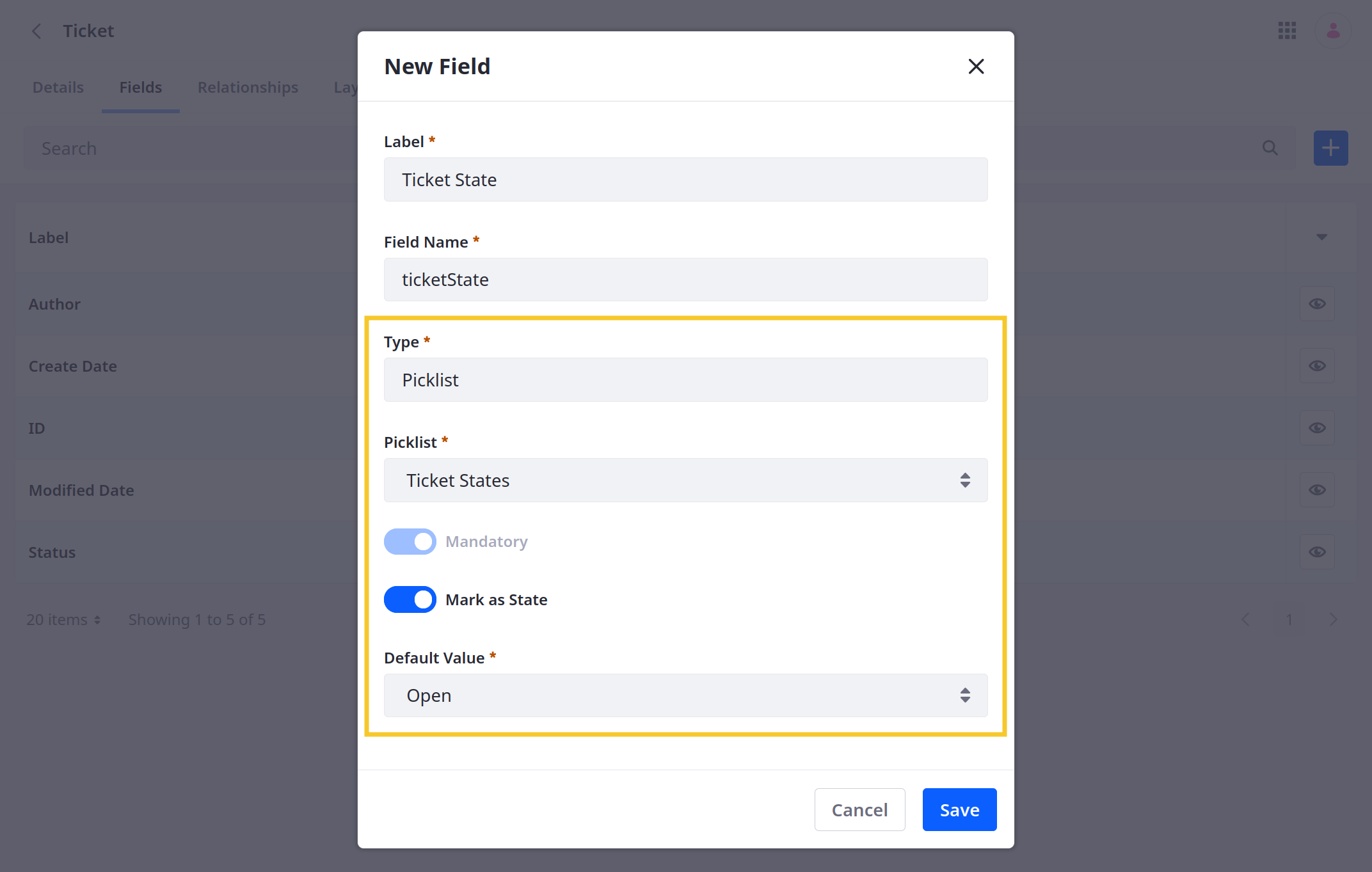 Select a picklist, toggle Mark as State, and set a default value for the field.