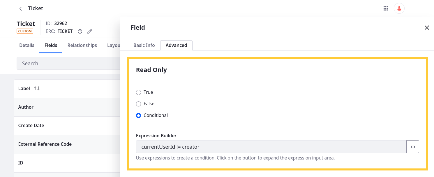 Select a Read Only option: true, false, or conditional.