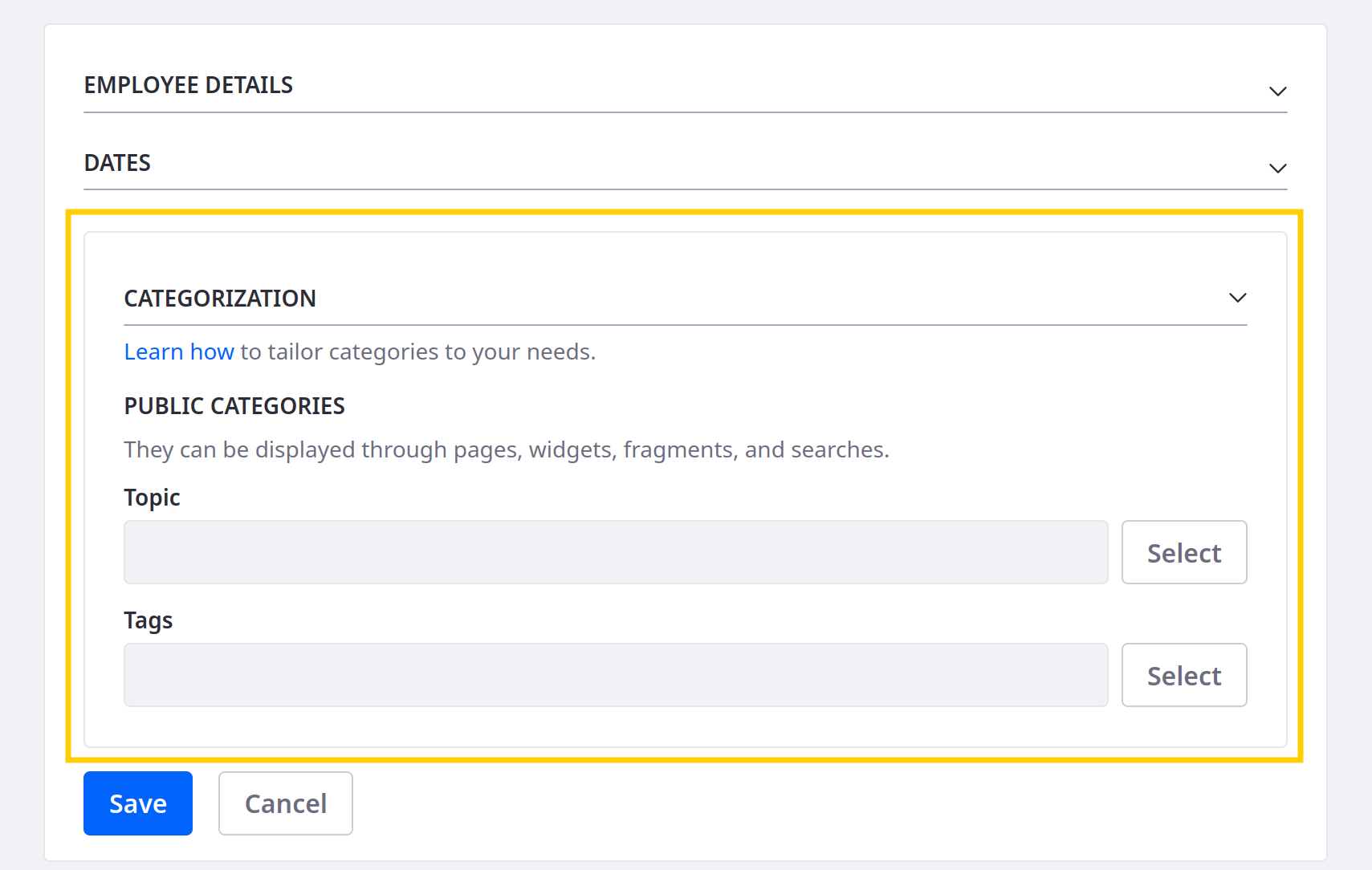 Access and apply tags and categories to the object's entries.