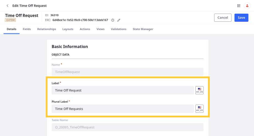 Localize the Object definition's labels, as well as labels for its fields, relationships, actions, and view columns.