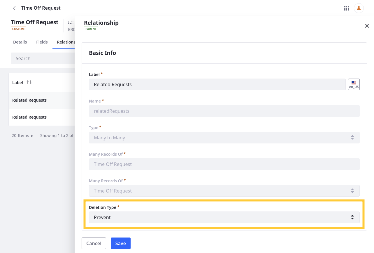 After creating a relationship, you can configure its deletion type.