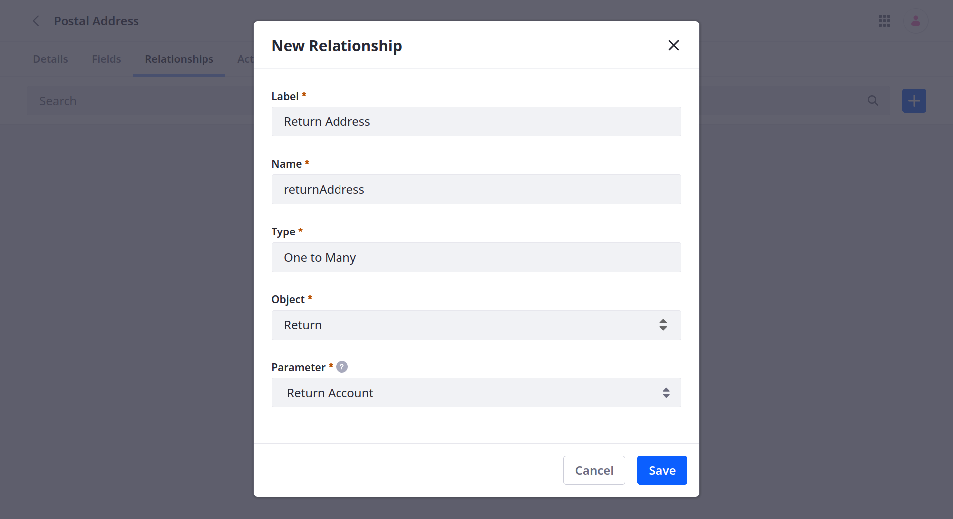 Create a one-to-many relationship from the Postal Address object to your custom object and use the custom object's Account relationship as a parameter.