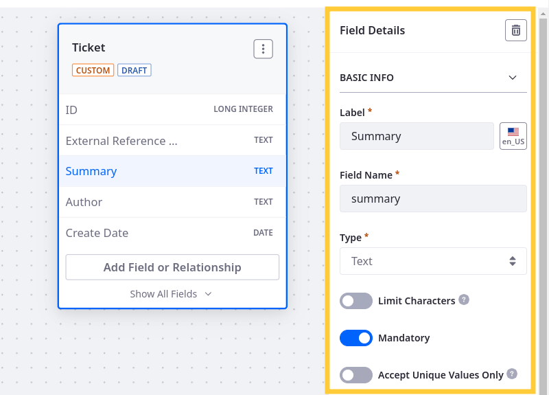 Select a field to access its configuration options in the right side panel.