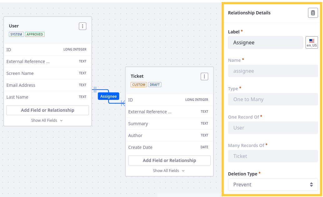 Select a relationship to access its configuration options in the right side panel.