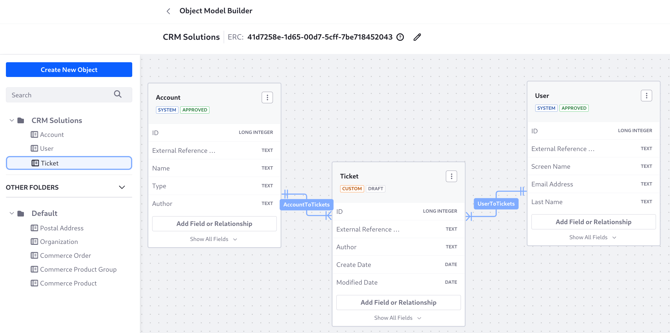 The diagram area displays related object definitions in other folders.