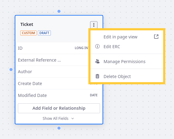 Click the object card's Actions button to access additional management options.