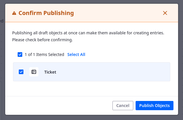 Select which drafts to publish and click Publish Objects.