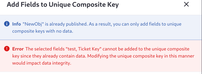 Fields with published data cannot be used in composite keys.