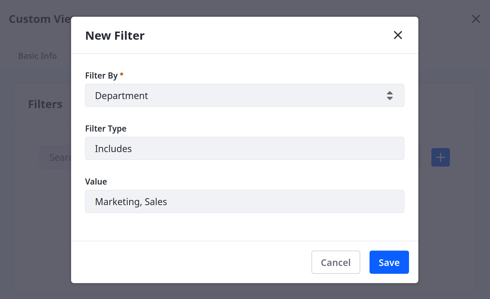 Select a field, filter type, and default values.